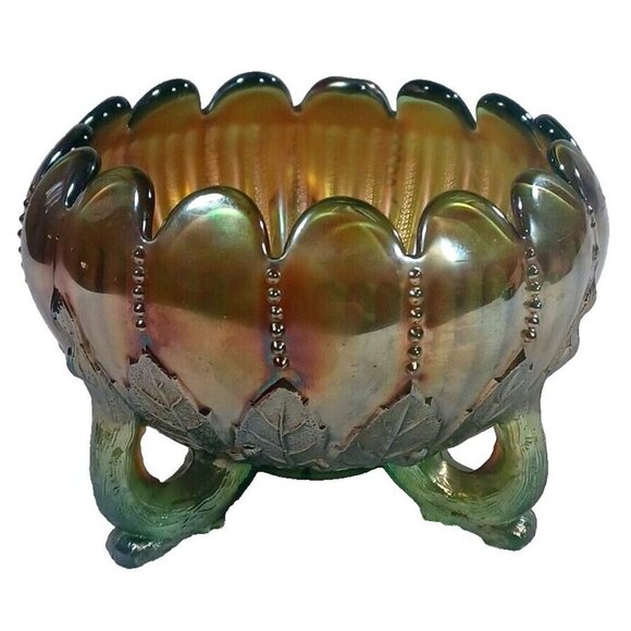 Vintage Northwood Aqua Opal Carnival Glass Leaf & Beads Footed Rose Bowl - Picture 7 of 16